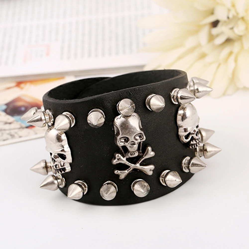 Punk rock metal spike accessories jewelry gothic skull men bracelets genuine leather bracelet bangle