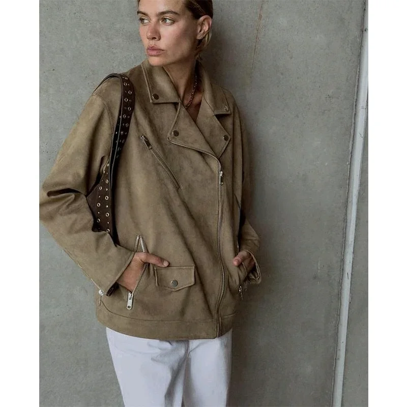 

Женская куртка из искусственной замши на молнии, осенние женские пальто с длинным рукавом и воротником с лацканами, простые женские топы