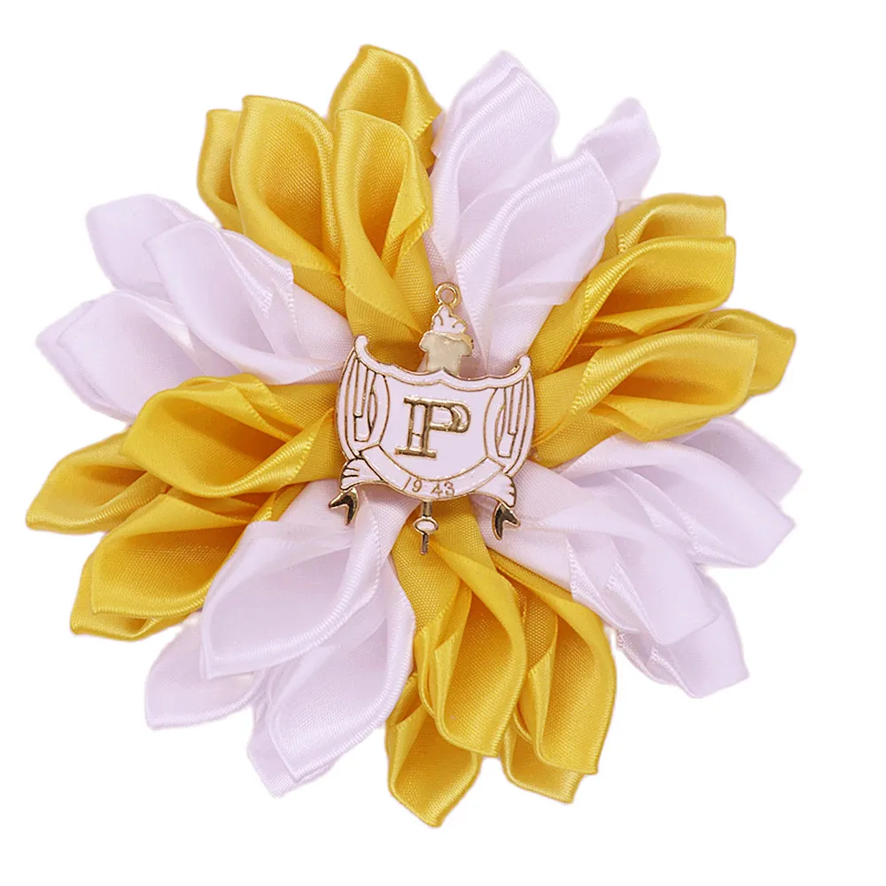 Satin Yellow White Ribbon Corsage Flower Group Rho 1943 SGR Philo Brooch Pin Jewelry Custom