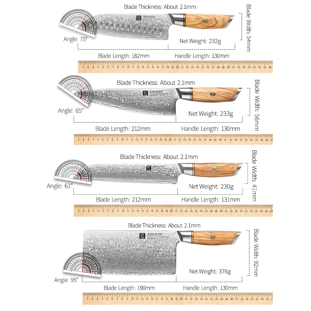 XINZUO ensemble de couteaux de cuisine 73 couches personnalisé en acier damas 15 ° ± 1 par côté lame en acier avec manche en bois d\'olive 1-8 pièces