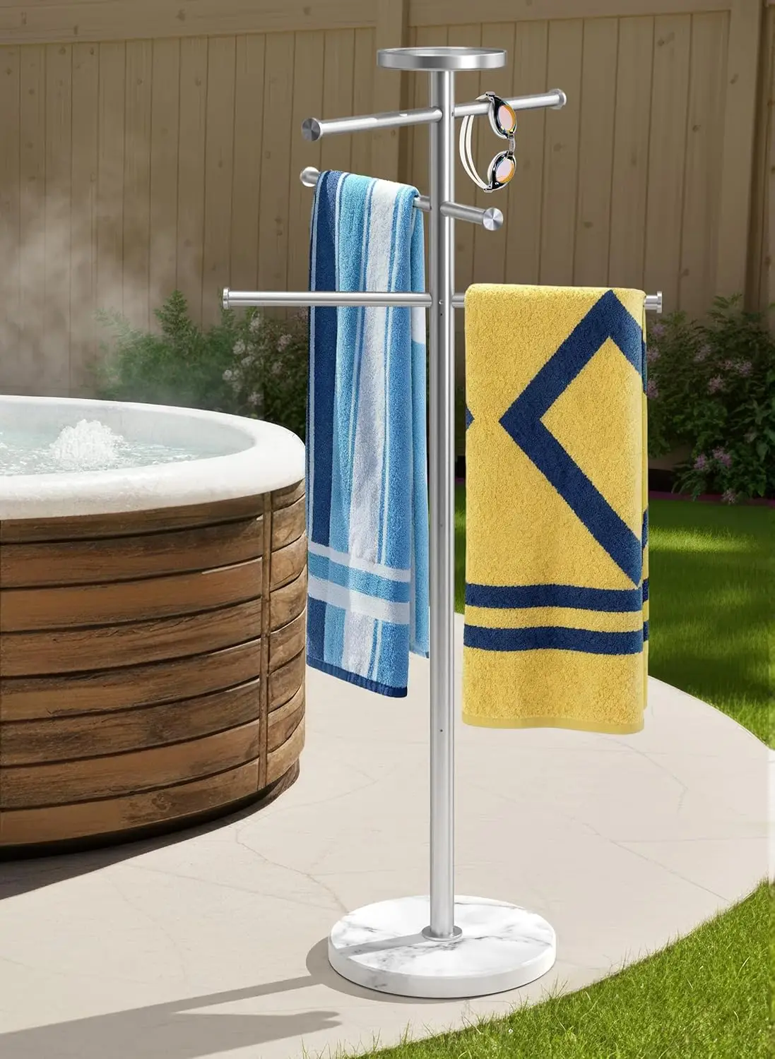 

Natural Marble Outdoor Towel Rack with Weighted Base, 5-Feet Pool Towel Rack Outdoor for Hot Tub 18/8 Stainless Steel, Adjus
