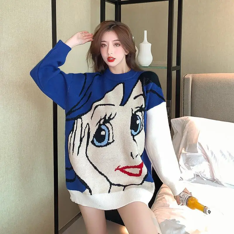 Korobov Womens Clothing Korean Fashion Sweaters Sweet Cartoon O Neck Knitwears Sueter Mujer Vintage Preppy Style Jumper Femme