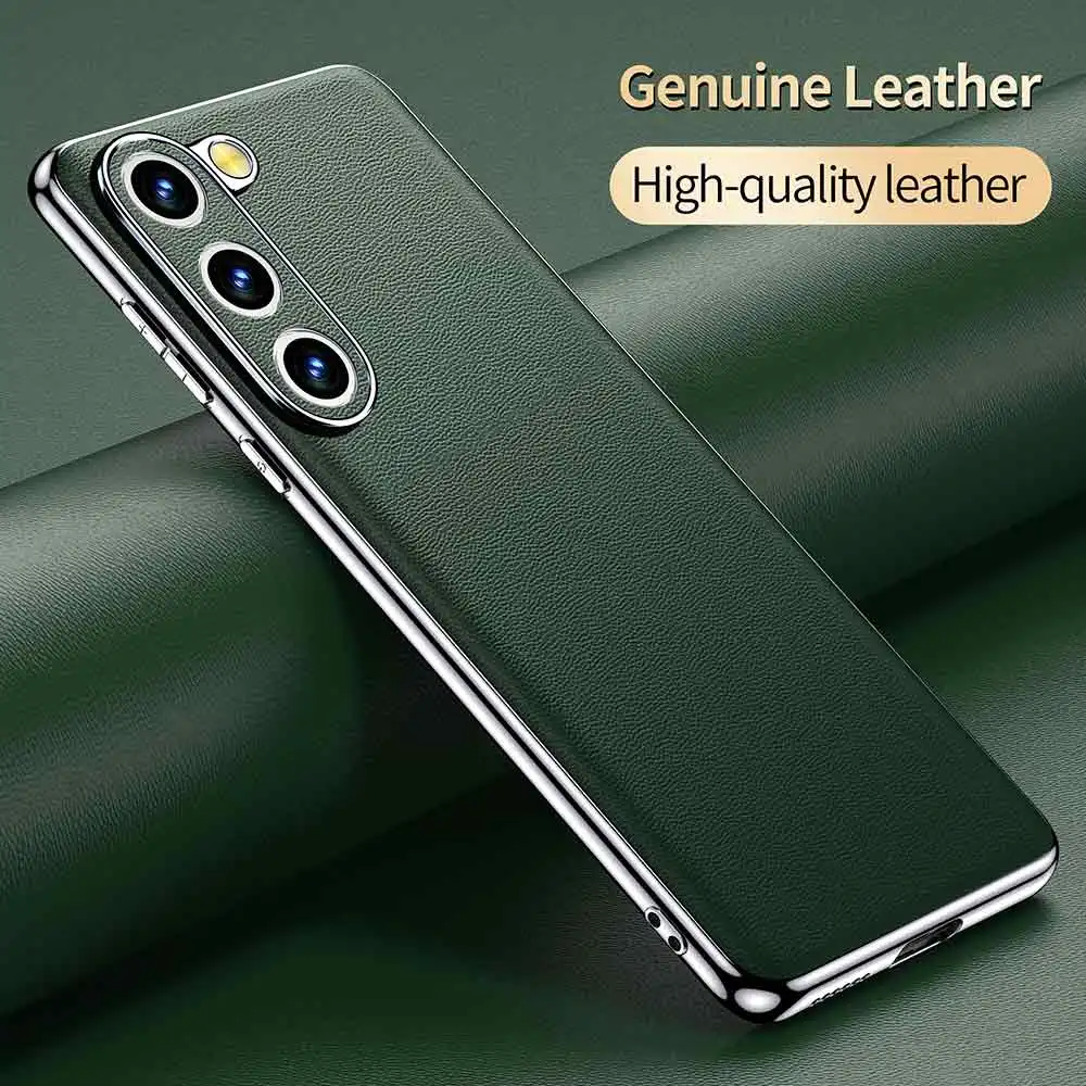 Genuine Cowhide Leather Phone Case for Samsung Galaxy S24 S23 Ultra S22 Plus S21 FE Note 20 Plating Shockproof Protector Cover