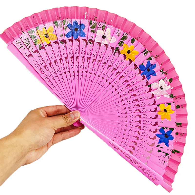 Chinese Style Folding Fan Hollow Double-sided Craft Gift Dancing Printing Wood Spanish Hand Fan Party Supplies