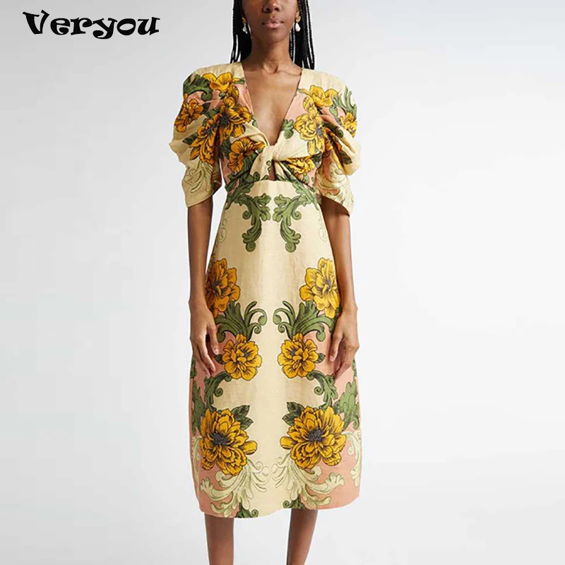 فستان ميدي أنيق مطبوع عليه زهور للنساء صيفي بياقة على شكل V فساتين عطلة الشاطئ للنساء فستان الحفلات بوهو