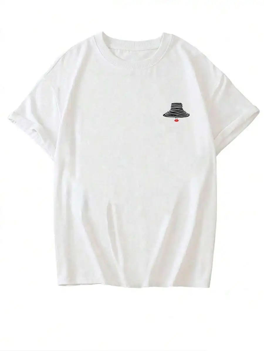 Summer New Minimalist Fashion Line & Red Lip Print Casual Round Neck Short Sleeve T-Shirt, Versatile & Fashionable Women Top White
