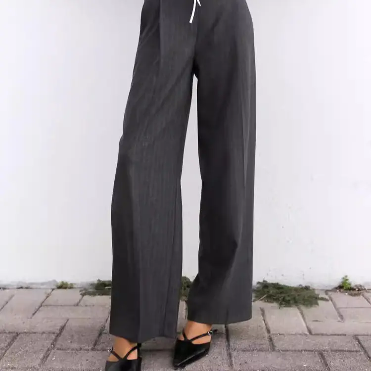 Spring New Women's Casual Style Double Layer Loose Wide Leg Pants Simple Waist Design Polyester Fiber Ladies Fashion