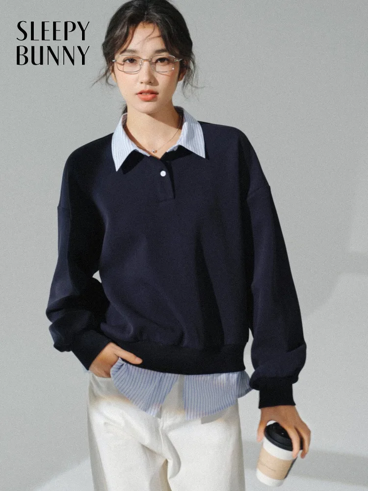 

Vintage Casual Polo Sweatshirt for Women Autumn Loose Pullover Preppy Sweet Style Fake Two Piece College Outfit Long Sleeve Top