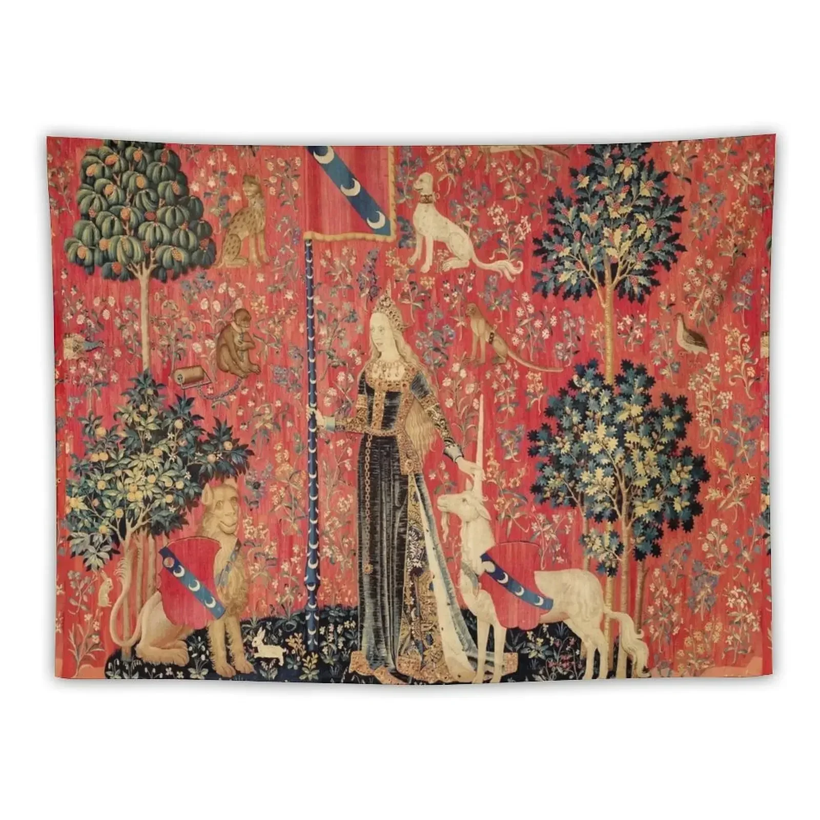 LADY AND UNICORN ,TOUCH ,Lion,Fantasy Flowers,Animals Red Green Floral Tapestry Bathroom Decor Living Room Decoration Tapestry