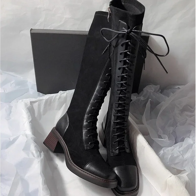 Designer Brand Women's Cross Lace Up Knee High Boots Winter 2026 New Woman Goth Motorcycle Boots Trend Chelsea Mujer Botas - view 2