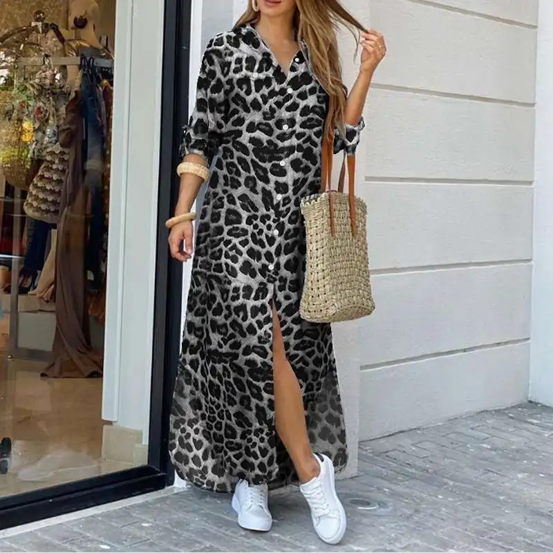 Party Vintage Leopard Robe 2023 Autumn Casual Long Sleeve Maxi Long Vestidos Dress Fashion Oversized Women Shirt Dress 1