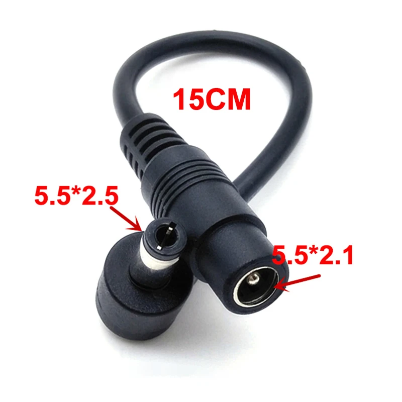 

1Pcs CCTV DC Power Plug 5.5mm x 2.5mm Male Right Angle To 5.5mm x 2.1mm Female Adapter Extension Adapter Cable Cord for LED