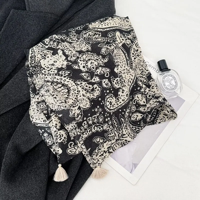 Women Plaid Chevron Tassel Square Scarf Imitation Cashmere Thin Decorative Neck Scarf Versatile Outfit Accessory Spring Autumn