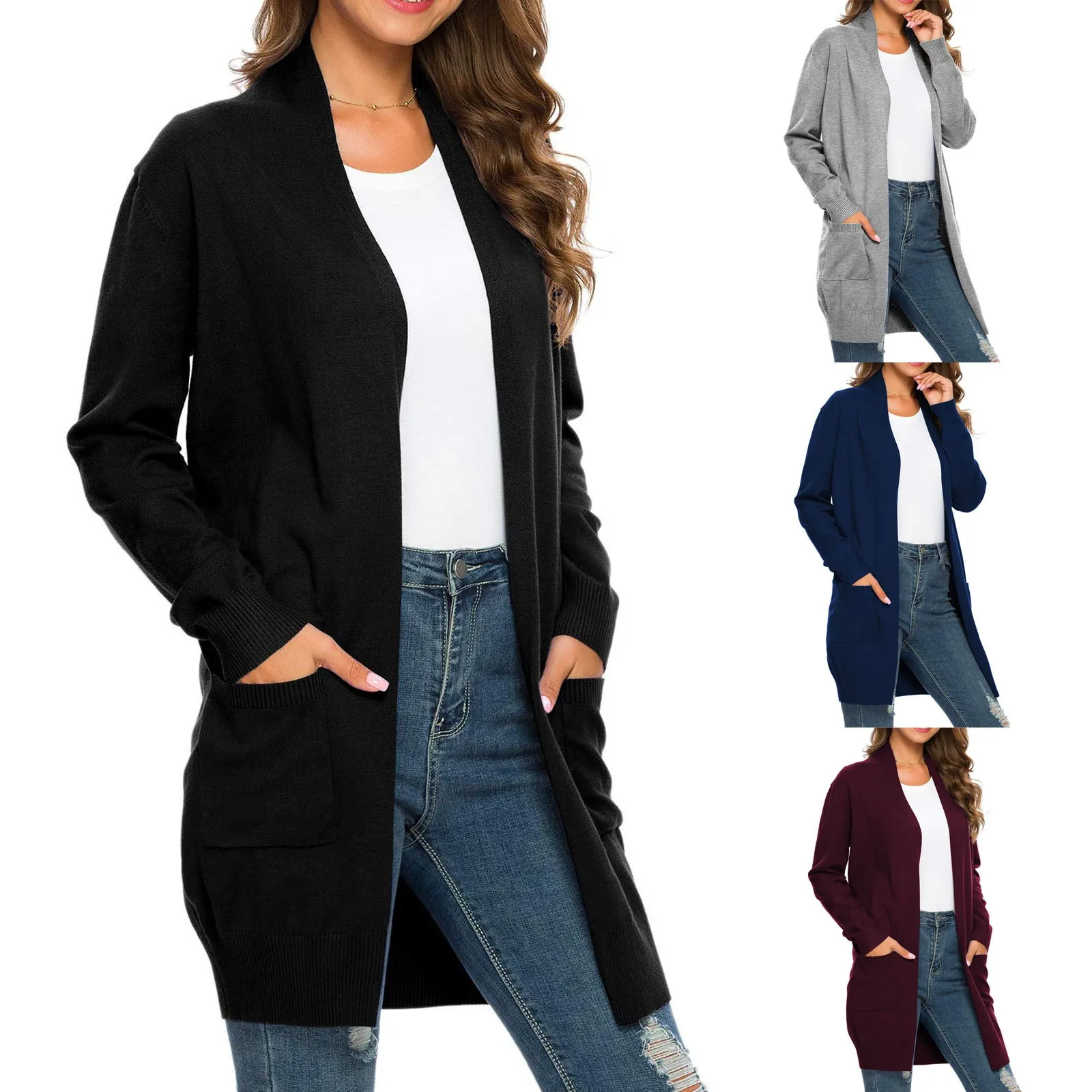 Women\'s Cardigan Sweater Fall Open Front Knit Oversized Cardigans Duster Coat with Pockets