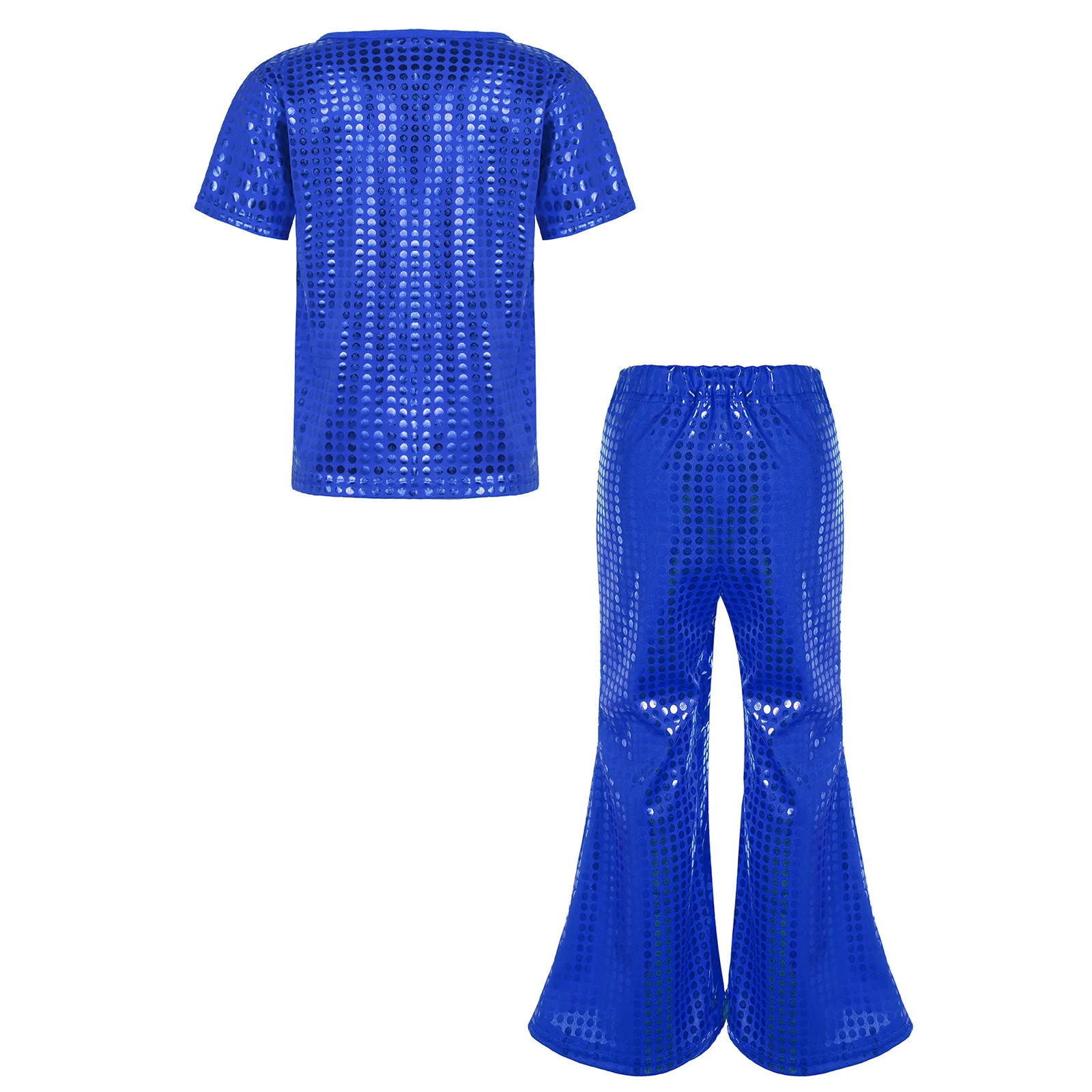 Kids Boys Girls Hip Hop Jazz Street Dance Outfits Shiny Sequins Elastic Waistband Trousers T-shirt Top Set Performance Costume