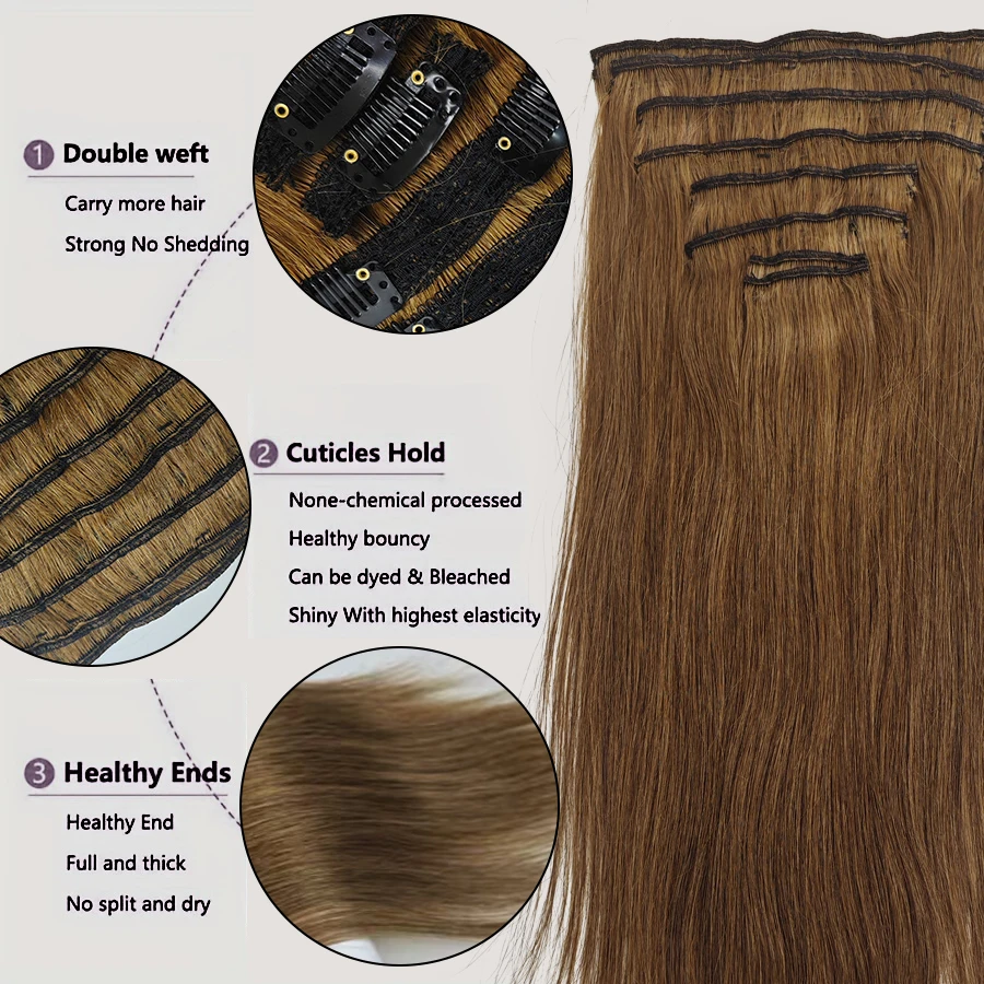 Clip In Hair Extensions 8Pcs/Set Straight Real Human Hair 6# Light Brown Seamless Skin Weft Clip-On Hairpieces 14-26Inch