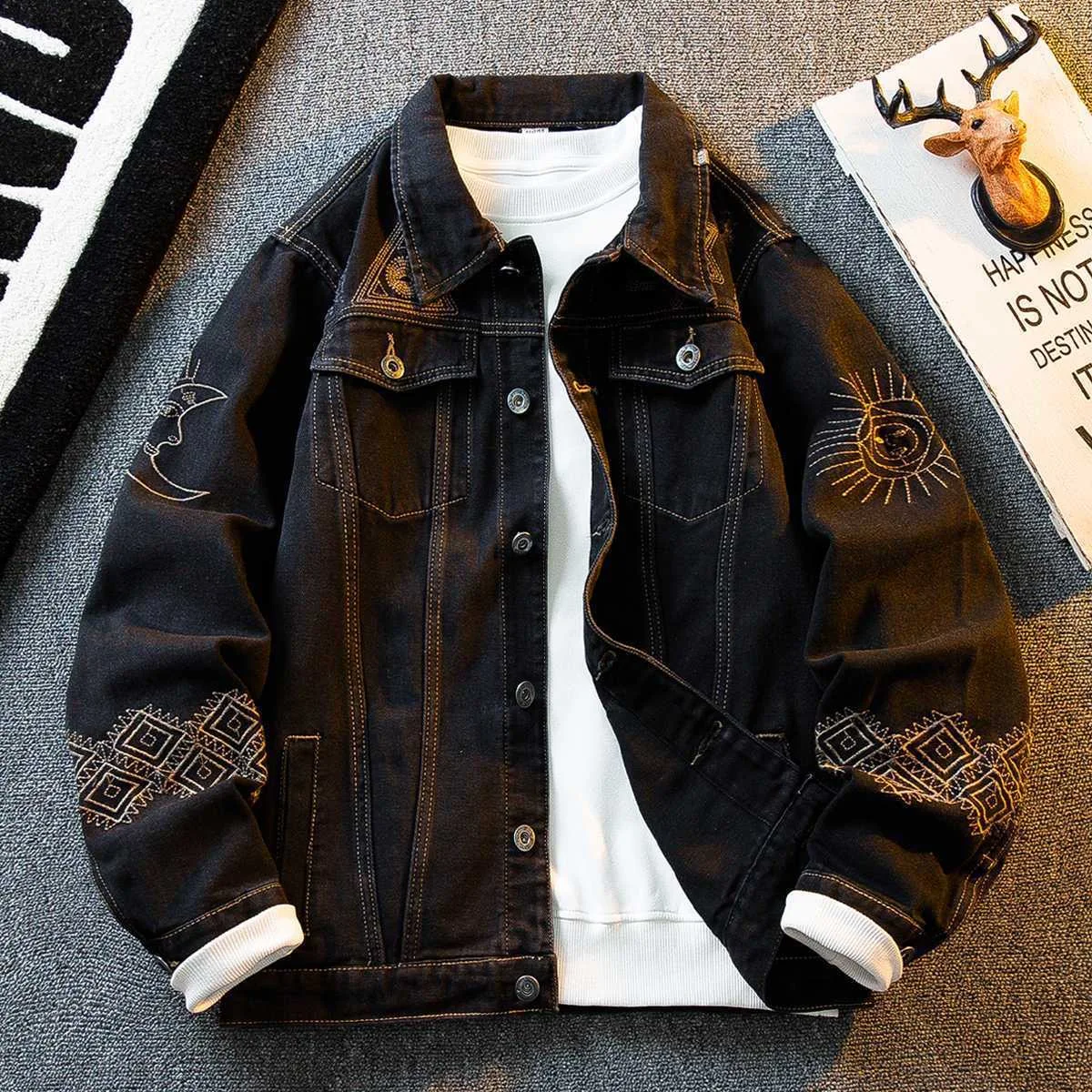 الخريف والربيع موضة جديدة الاتجاه المطبوعة الأمريكية خمر الدنيم سترة الرجال عادية فضفاض الرياضة عالية الجودة ملابس خارجية M-4XL