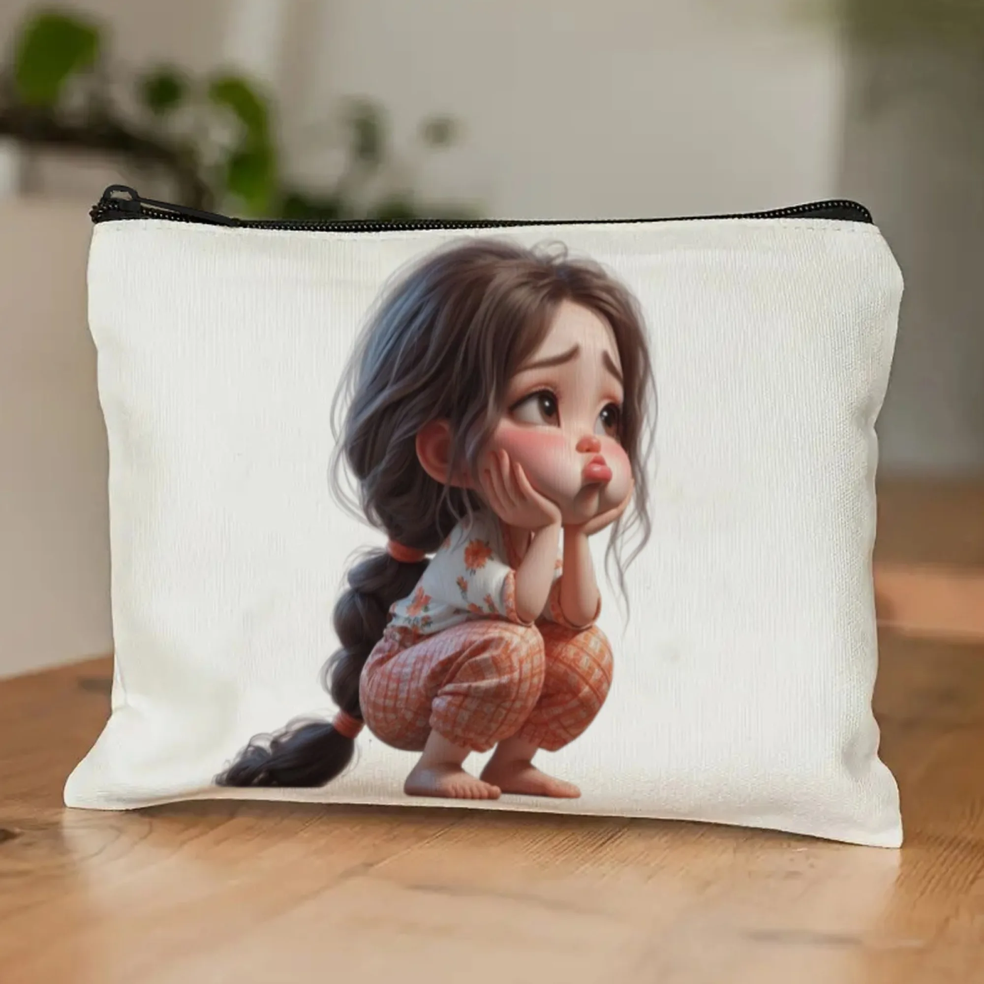 Ragazza con capelli lunghi Stampa Elegante borsa per il trucco con cerniera, custodia cosmetica portatile leggera con chiusura ideale per i regali di compleanno