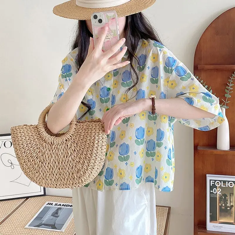 Harajuku Floral Loose Youth Blouse Short Sleeve Polo Neck Print Cute Sweet Shirt Tops Summer New Fashion Casual Women Clothing