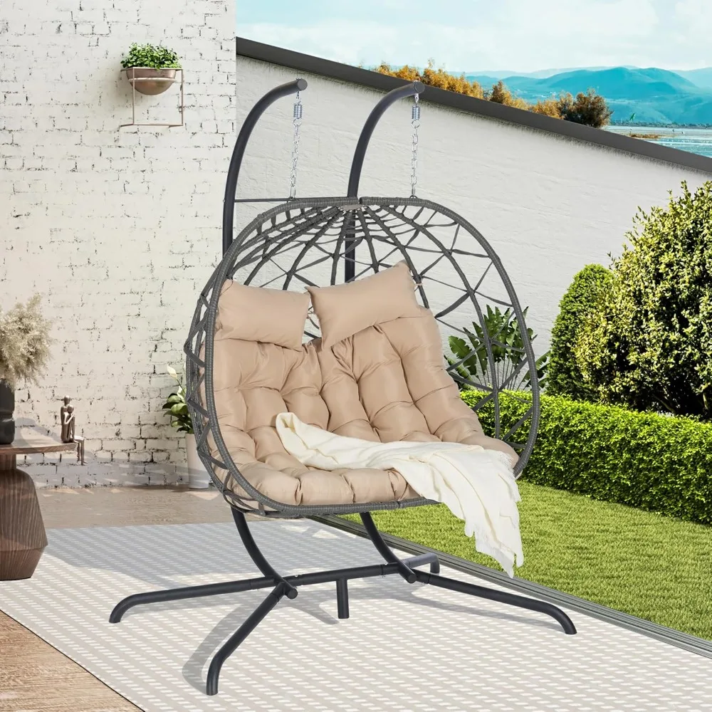

Double Egg Chair with Stand Hanging Indoor Outdoor Wicker Rattan Patio Basket Egg Swing Chair Hammock Egg Chairs with UV Resista