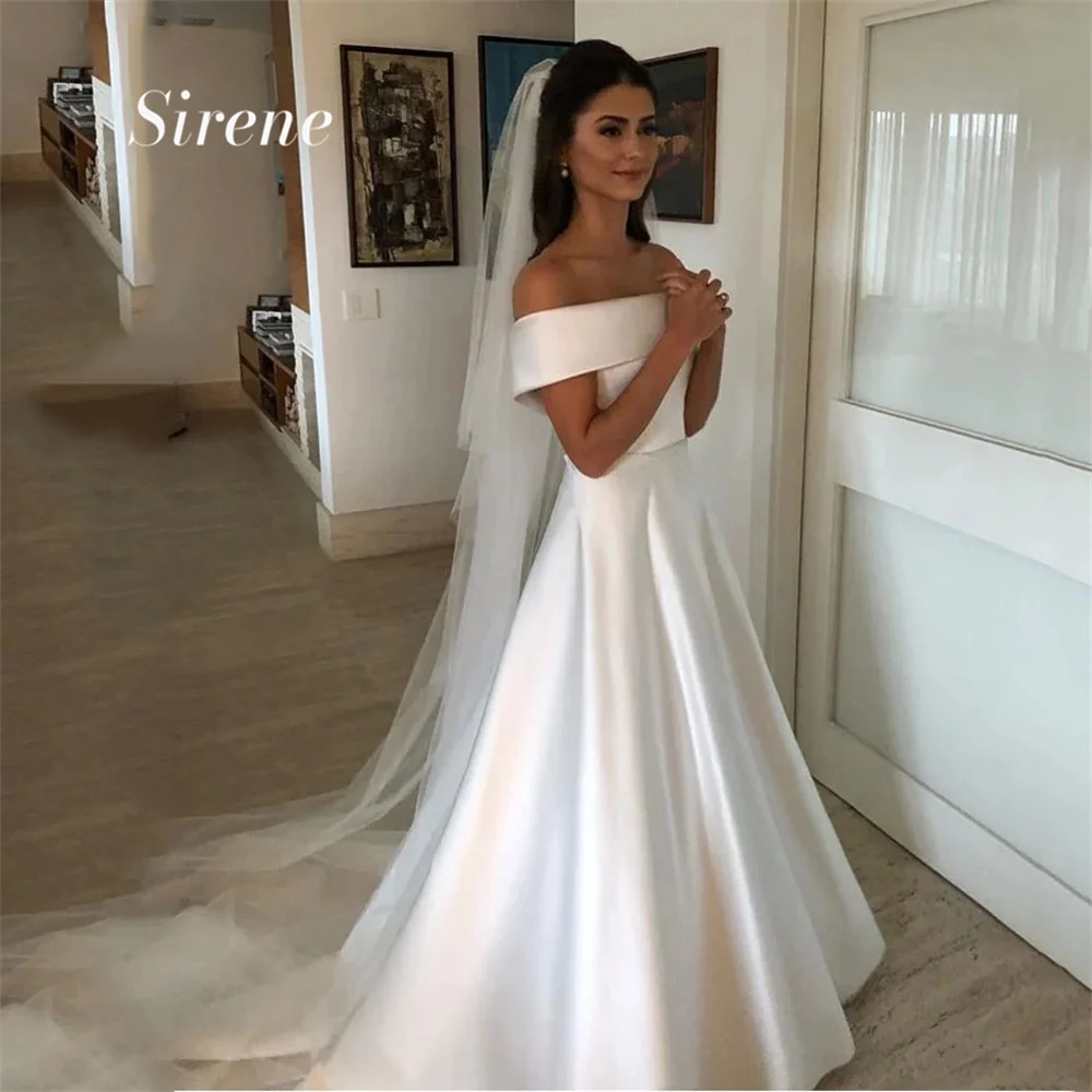 Sirene-vestido de novia de satén con hombros descubiertos, traje de novia elegante, línea A, largo hasta el suelo, sin mangas, espalda descubierta