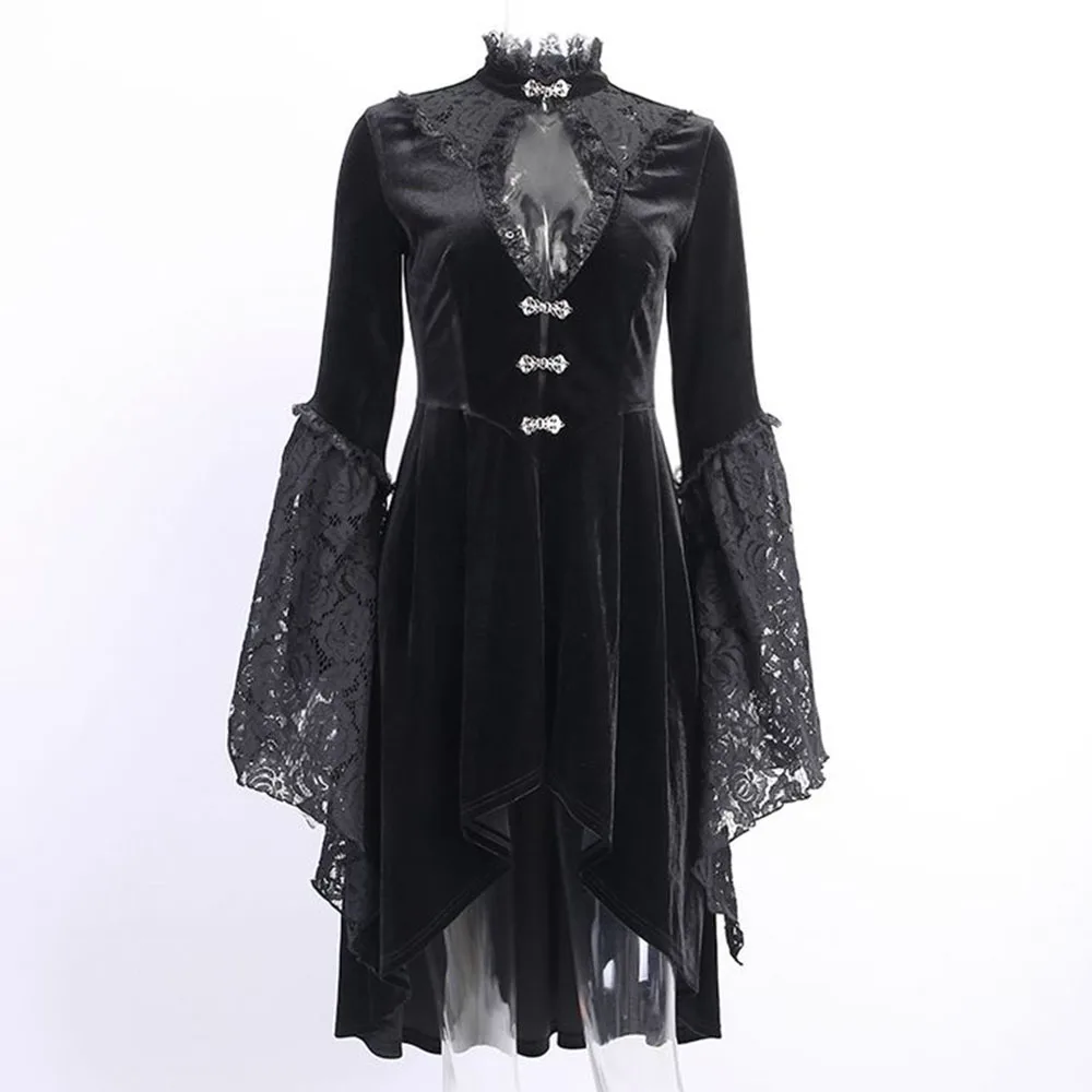 High Quality Black Women Winter Prom Dresses Full Sleeves A-Line Tea Length Illusion Sexy Gothic Female Party Banquet Gowns