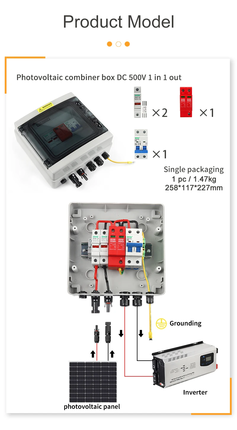 PV-Kombinator-Box, DC 500 V, 1 Eingang, 1 Ausgang mit Überspannung, Blitzschutz, DC-Sicherung, MCB, SPD, Solar-Photovoltaik, IP65 wasserdichte Box – Detail 6