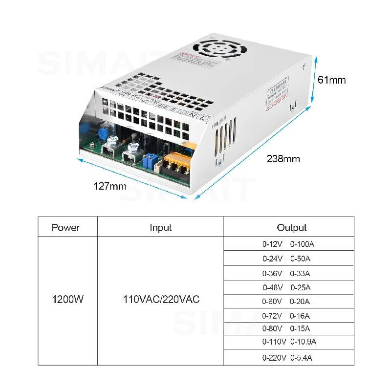 Multiple Protection 1200W High-power Adjustable Switching Power Supply 0-12V 24V 36V 48V 60V 72V 80V 110V 220V MS-1200