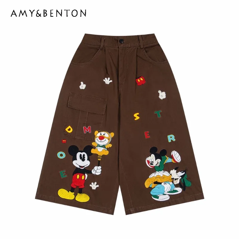 

American Retro Fun Cartoon Embroidered Straight Casual Denim Shorts Men's And Women's Autumn Kawaii Wide-leg Cropped Pants Jeans