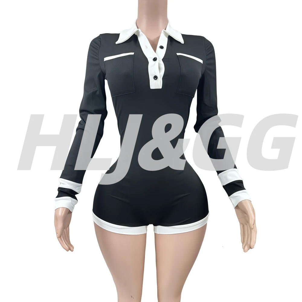 HLJ & GG أسود موضة اللون لصق Bodycon قطعة واحدة ثوب فضفاض للنساء التلبيب زر كم طويل حللا ضئيلة وزرة الإناث 2025 #2
