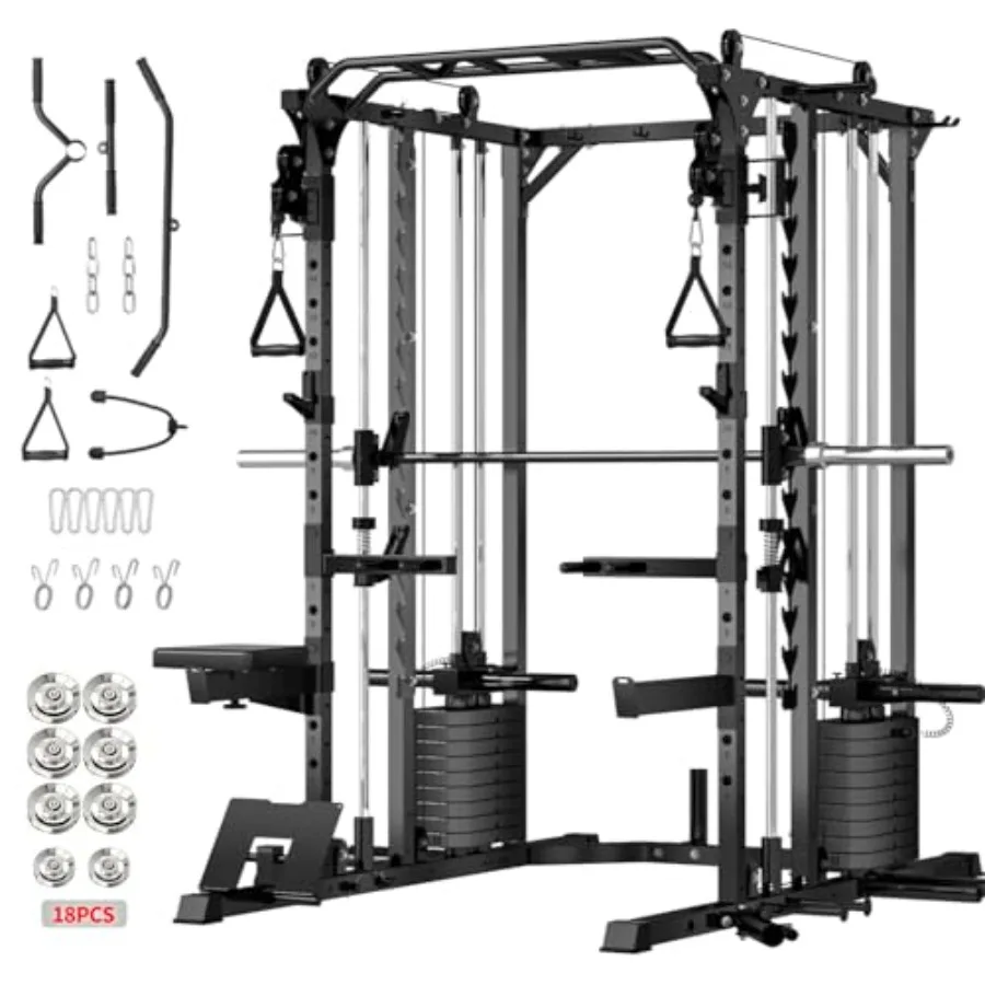 

Мощная силовая рама (пауэр-рэк) с грузовым блоком 180 фунтов и кроссовером на тросах, система с двумя блоками по 2200 фунтов, подвесная система LAT Pulldown, сиденье с подушкой, 20+ функций