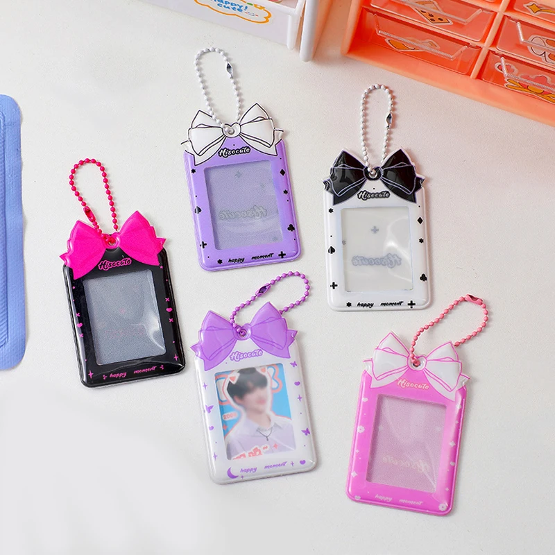 Bowknot Photo Frame With Keychain PVC Card Holder Sweet INS Photo Pocket Photocards Protector 2 Inch Idol Photo Sleeves