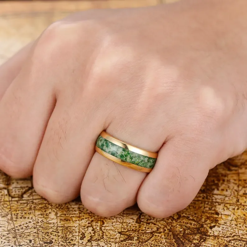 Mens Wedding Ring, Moss Agate Tungsten Ring, Polish 8mm, Mens Wedding Band, Natural Moss Agate Gold Mens Ring