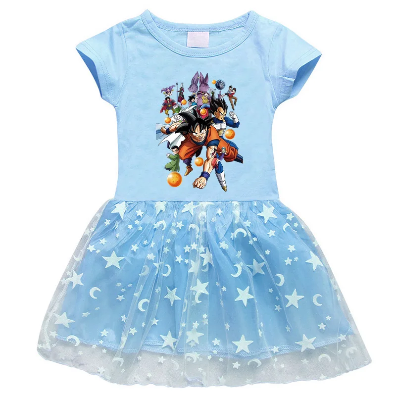 2023 Dragon Ball New Cotton Fashion Casual Korean Girls Dress Half-sleeved Cartoon Star Mesh Short-sleeved Princess Dress