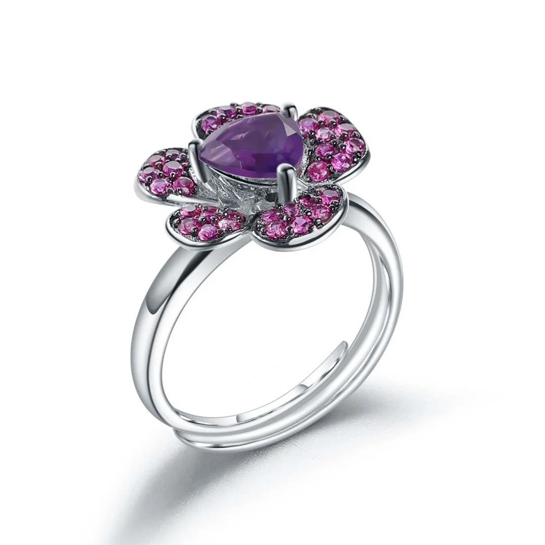 

genuine Luxury brand real jewels Designer Adjustable Flower Blossom Premium Sense s925 Silver Natural Amethyst Ring high quality