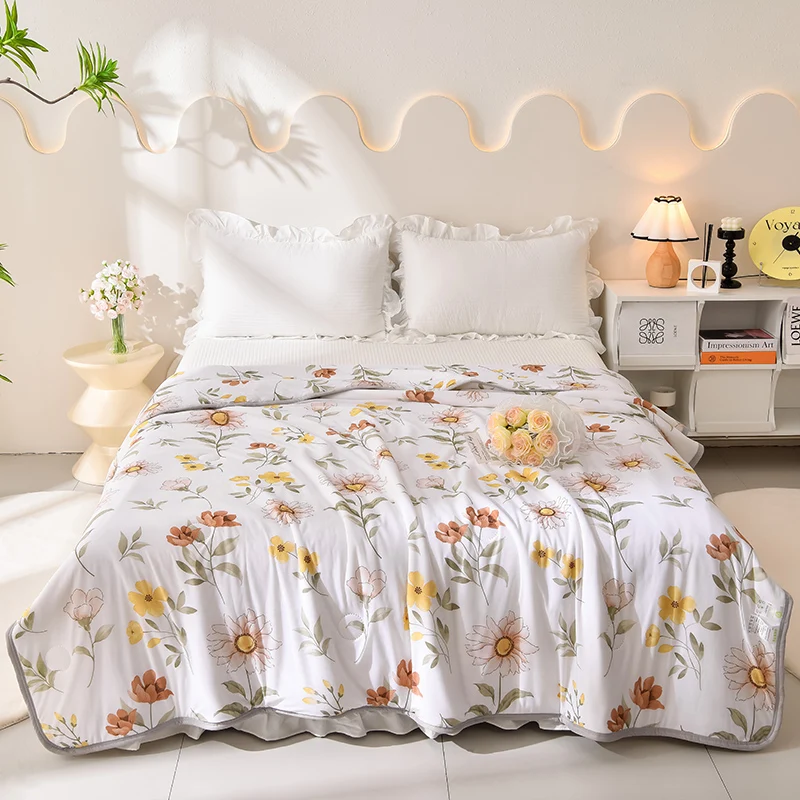 Fresh Floral Quilt Soft Breathable Cooling Air Conditioning Thin Comforter Botanical Flowers Pattern Bedding for Women Girls