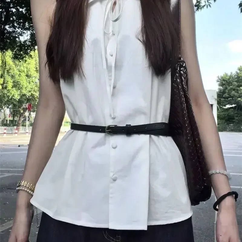 Camisa blanca básica sin mangas para mujer, blusas con cordones a la moda coreana con botones y cuello vuelto, blusas holgadas informales de verano