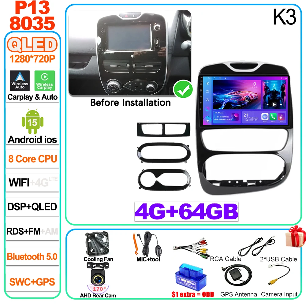 Android 16 autoradio Carplay voor Renault Clio 4 2012 2013 2014 2015 2016 2017 2018 speler autoradio touchscreen spiegeling