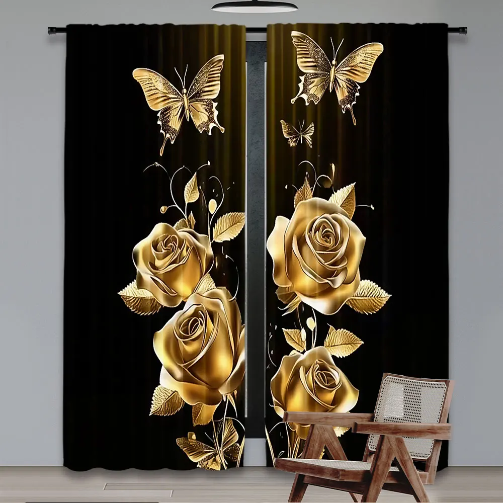 2Pcs Gold Rose Gold Butterfly Curtain Valentine'S Day Romantic Dream Curtain For Bedroom Bathroom Living Room Dining Room