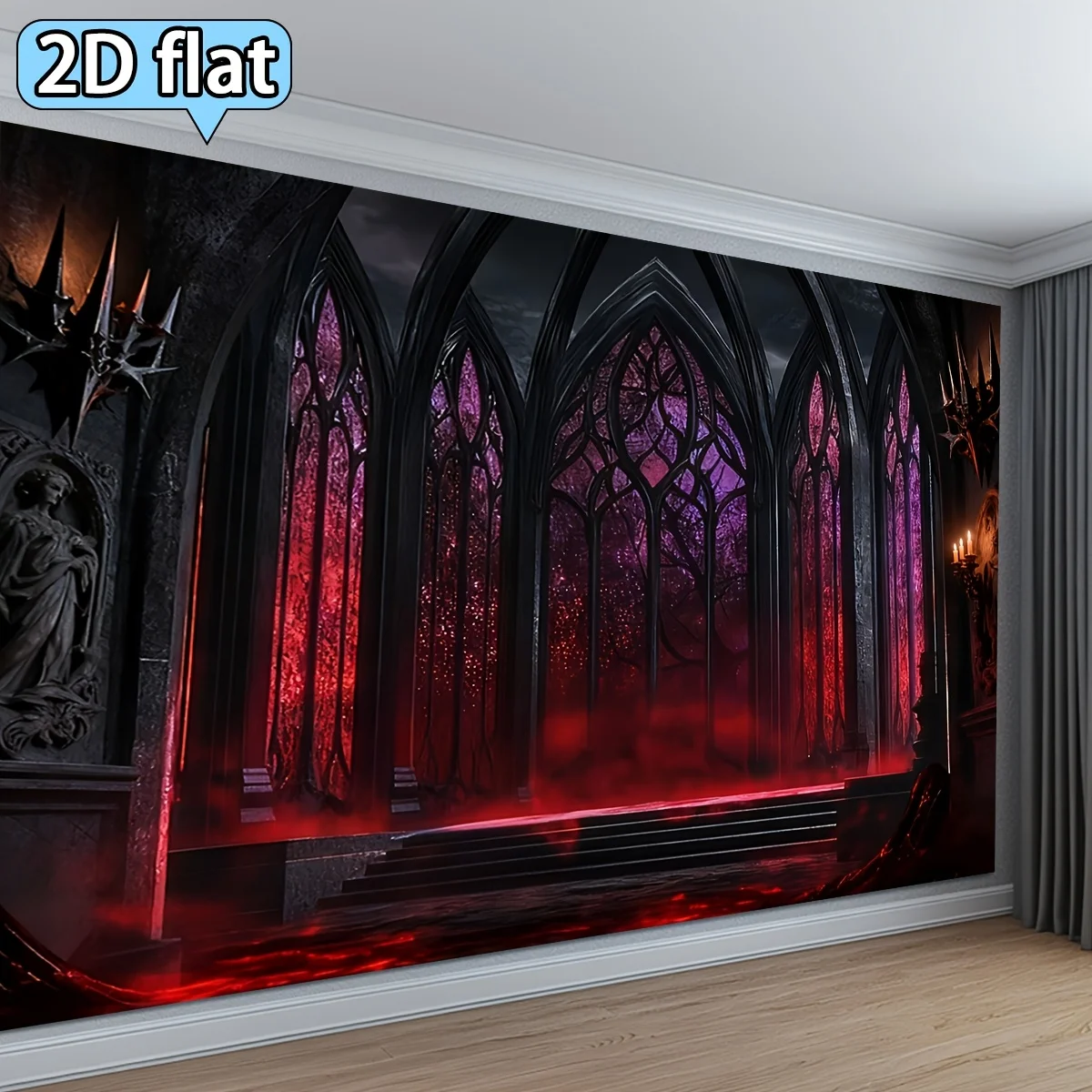 Elegant Gothic Cathedral Tapestry Stained Glass Window Mural Backdrop Wall Hanging Luxury Red Purple Room Decoration Fantasy Art