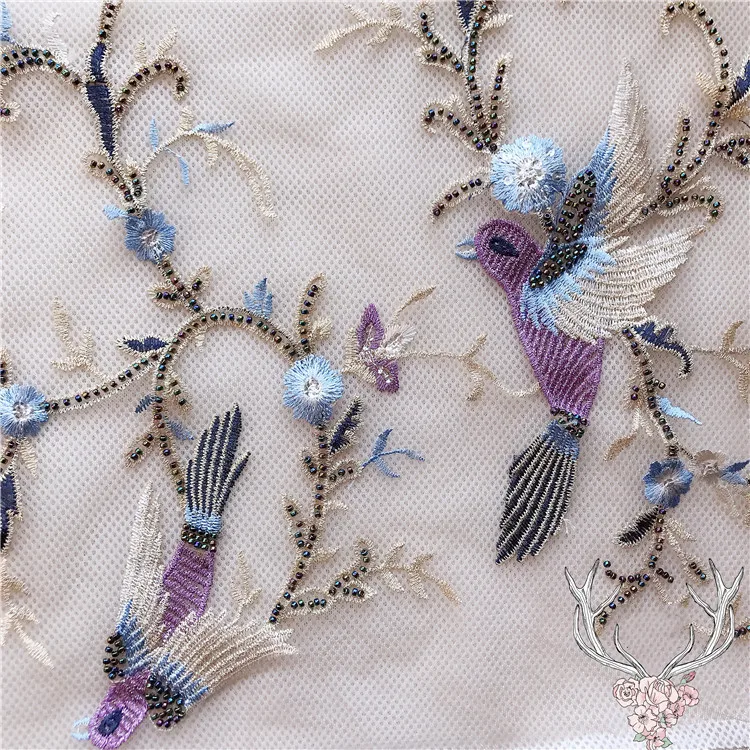 Millet Beads Embroidery Applique, Multicolor Flying Bird Lace Fabric Patch, RS1657
