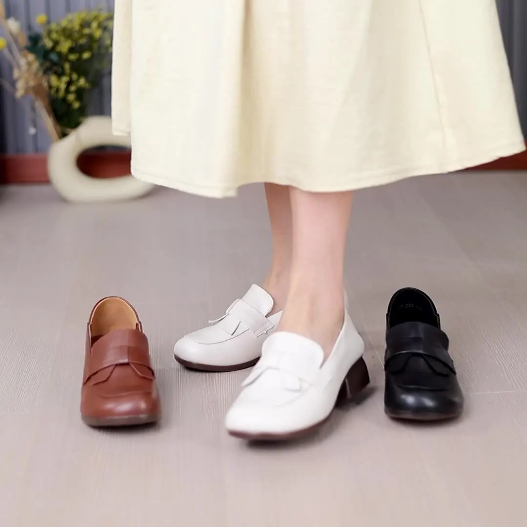 

ladies chunky heeled shoes 2025 genuine leather loafers woman ballerina shoes female slip-on dress moccasins