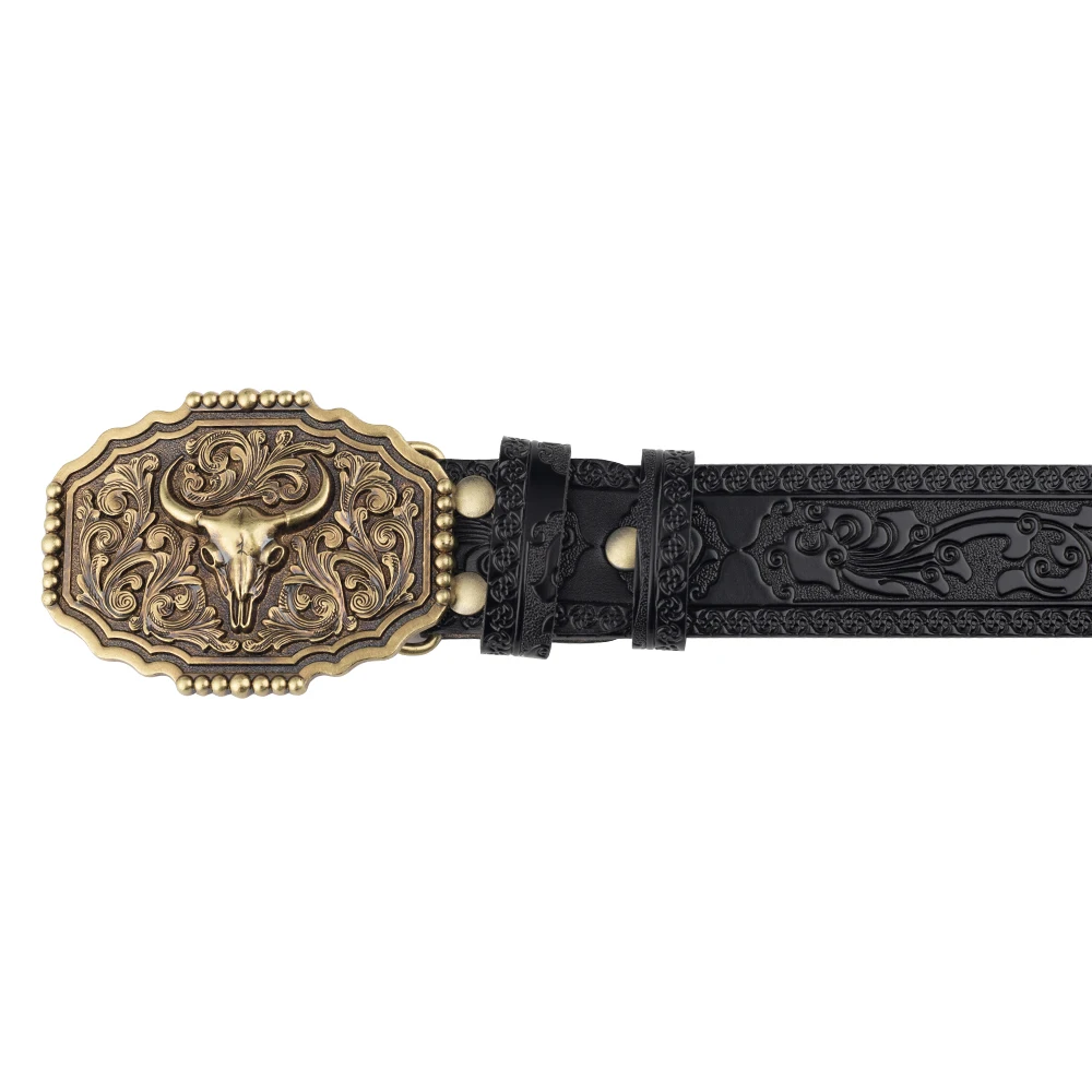 Cow Head Buckle Bronze Embossed Leather Belt