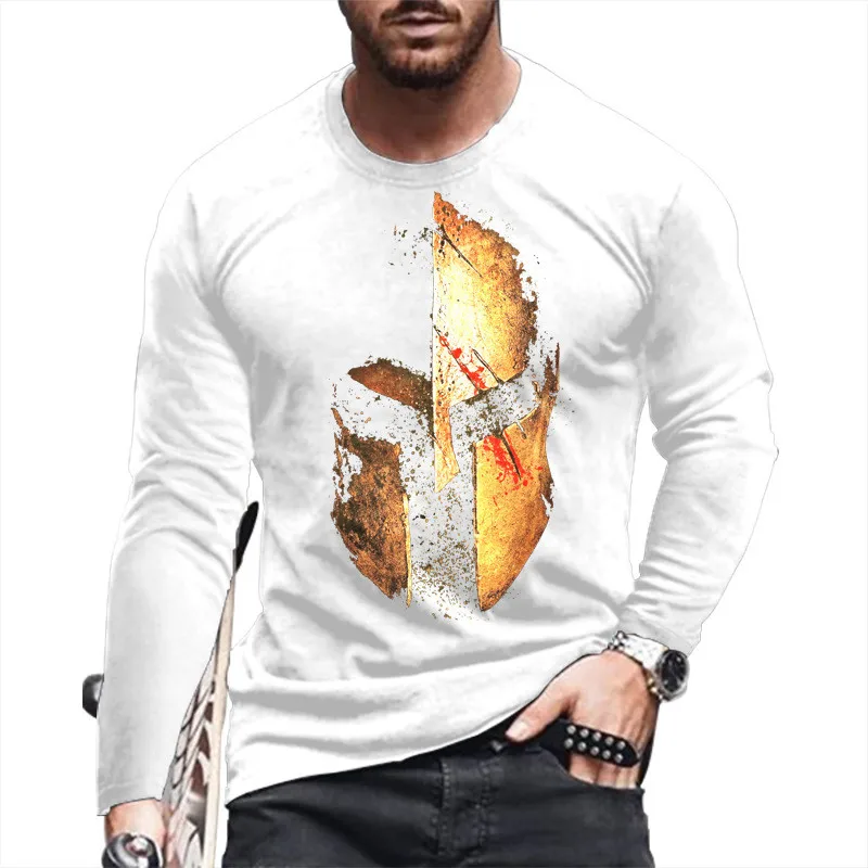 Retro Spartan Helmet 3d Print Summer Men\'s Round Neck T-shirt Casual Long Sleeve T-Shirt Oversized Pullover Fashion Men Clothing