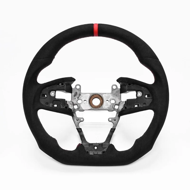 Full Suede Steering Wheel Compatible with Honda Civic Type R Style, Red Flat Top Position Marker Line Sport Modified Steering Wh