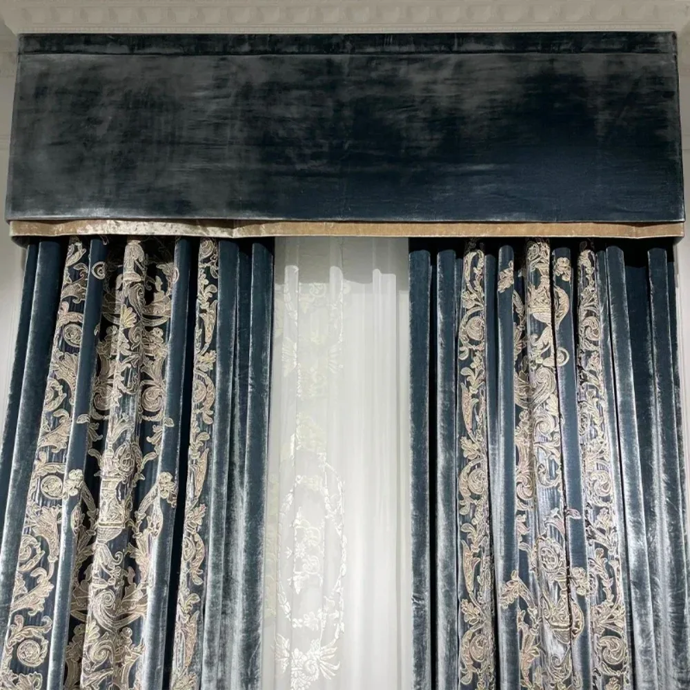 Living room, bedroom, French window, black and grey gilded embroidered velvet curtains