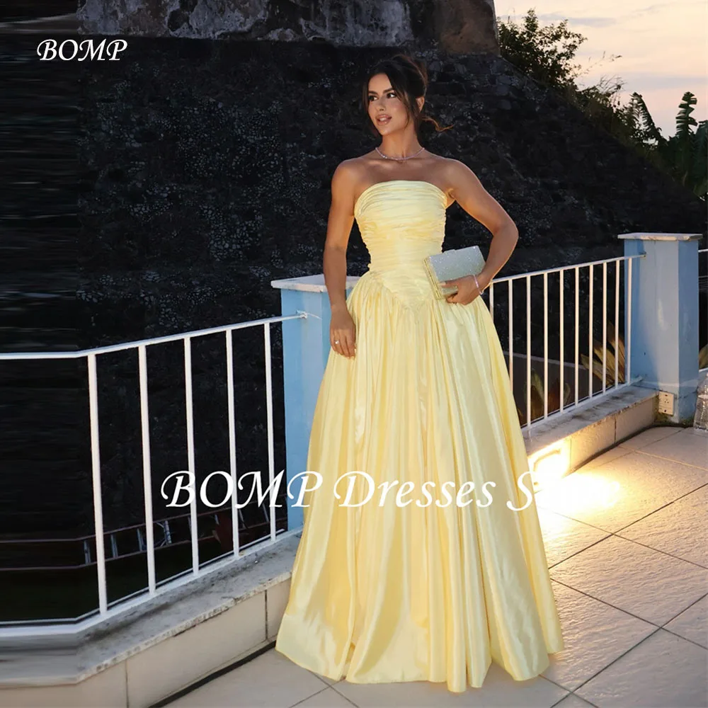 

BOMP Strapless Yellow Formal Evening Dresses Dubai Arabic Women Wedding Party Satin Pleats Floor length Prom Gowns Customized
