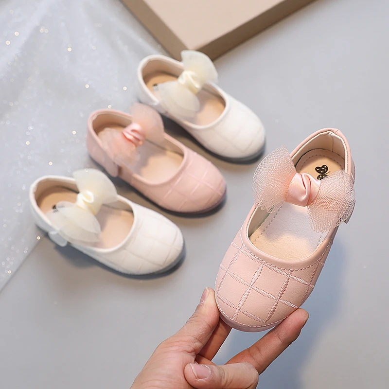 Kid's Shoes Girls' Lightweight Leather Shoes Simple Lace Bowknot Elegant Princess Style Shallow Mouth Children's Shoes 22-31