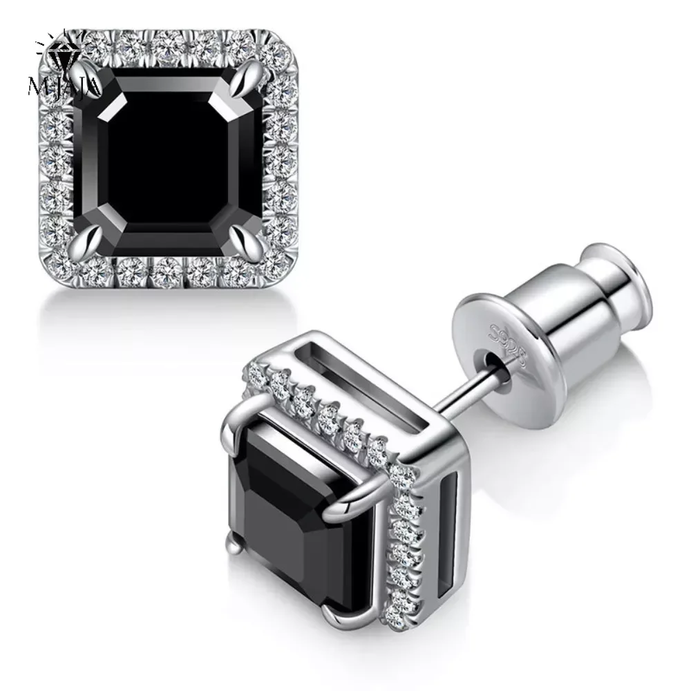 M-JAJA  Black Moissanite Halo Stud Earrings 2 Carat S925 Sterling Silver D Color VVS1 Asscher Cut  Lab Created Diamond Earrings