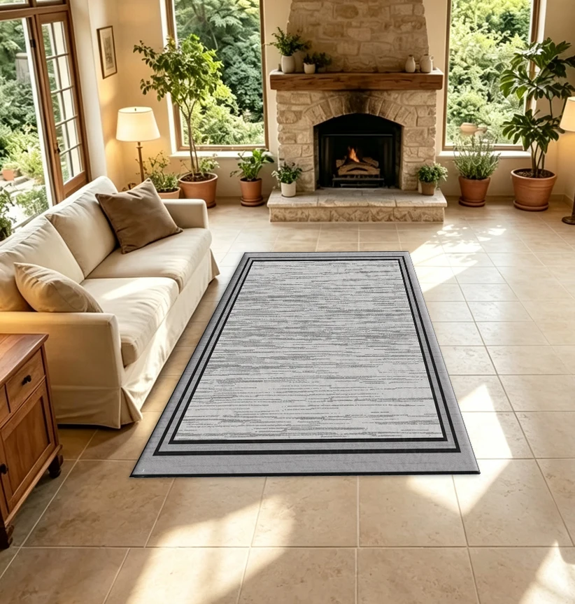 Grey Textured Square Border Carpet Flooring Simple Frame Design Modern Household Interior Carpet For Living Bedroom